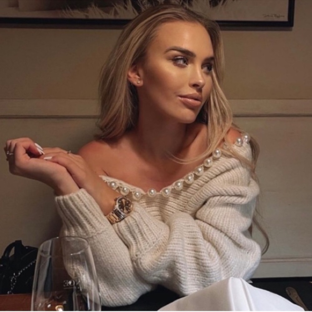 Zara Oatmeal Large Pearl Embellished Neckline Chunky Off-Shoulder Sweater